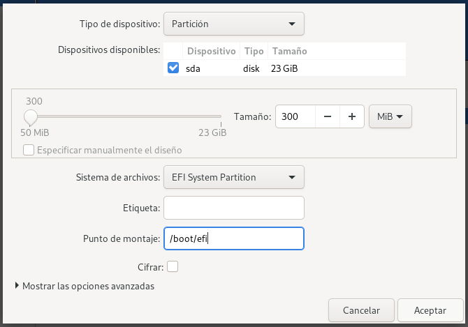 Crear la partición EFI con el particionador Blivet para instalar Fedora 32 Workstation
