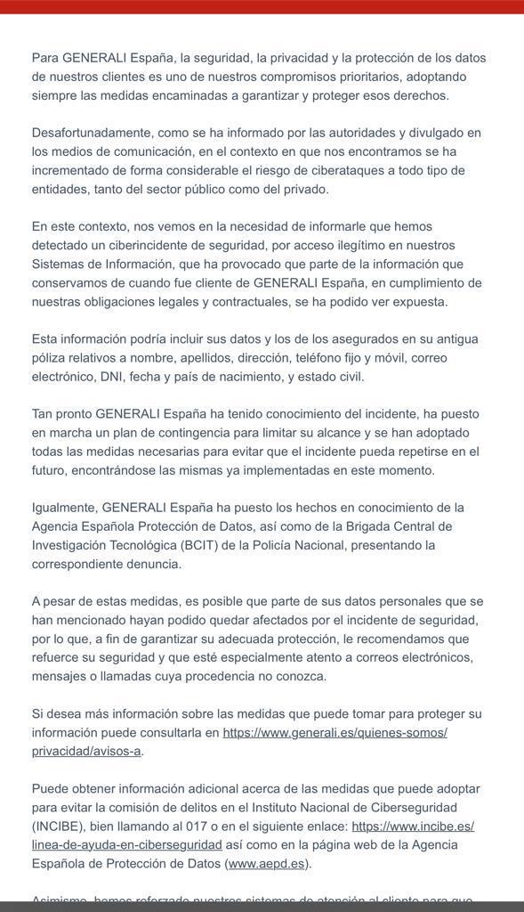 Email Generali Seguridad seguro coche