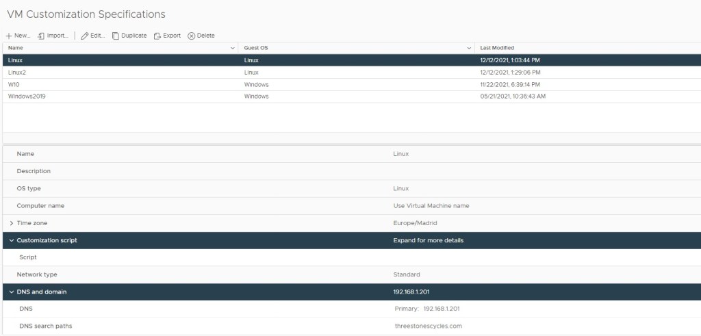 VM Customization Specifications