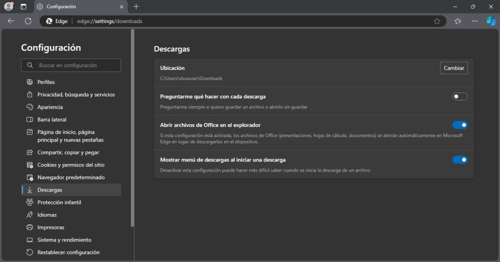 cambiar carpeta descargas edge