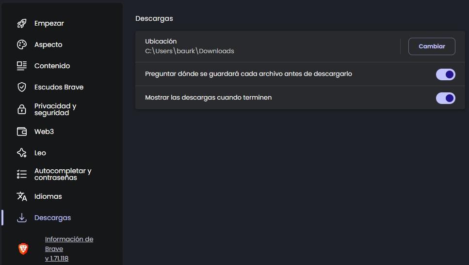cambiar carpeta descargas brave